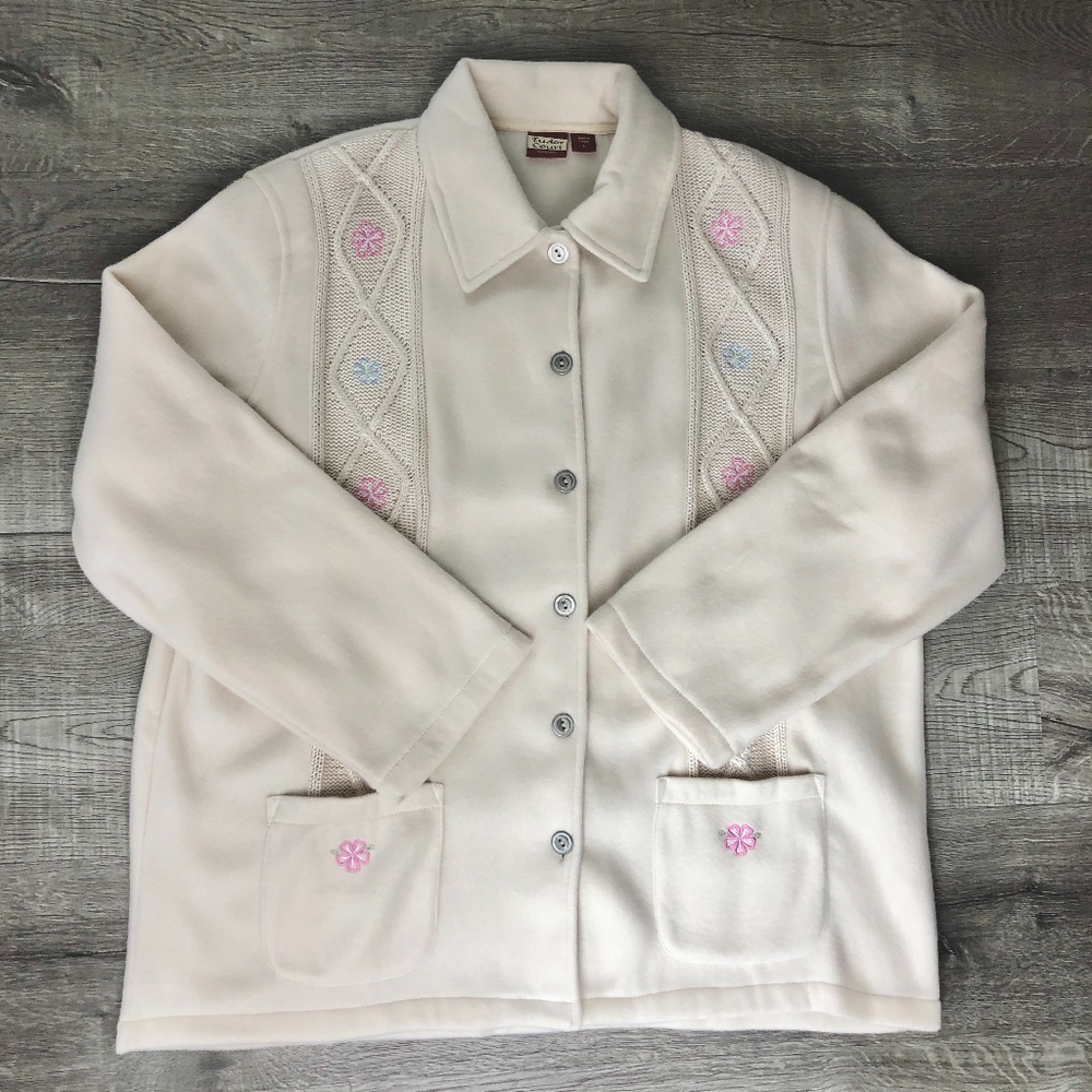Vintage Shacket Cottagecore Grandma Jacket Large Cream Knit Detail